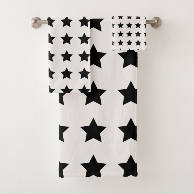 Christmas Stars Pattern White Black Bath Towel Set (Insitu)