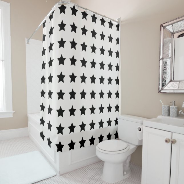 Christmas Stars Pattern White Black Shower Curtain (In Situ)