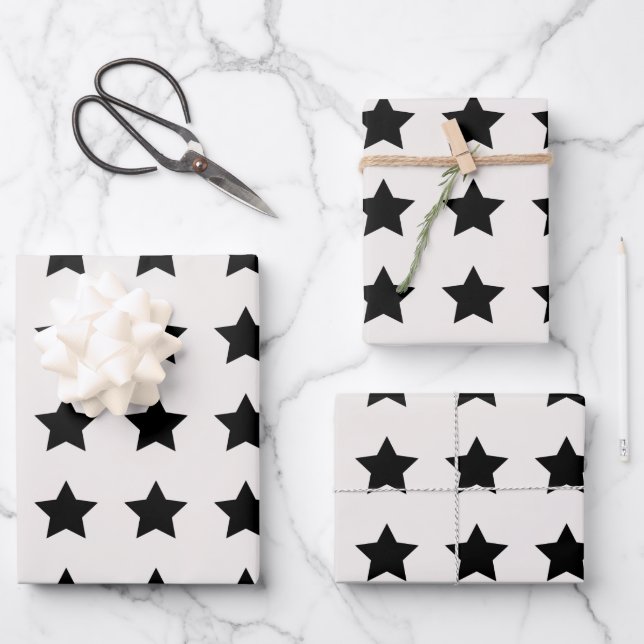 Christmas Stars Pattern White Black Wrapping Paper Sheet (Front)