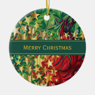 CHRISTMAS STARS Personalised Red Green Faux Gold Ceramic Tree Decoration