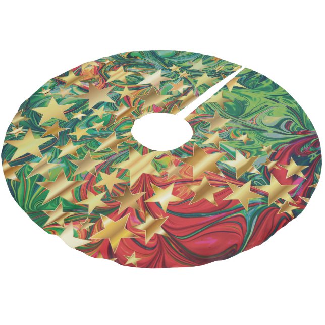 CHRISTMAS STARS Red Green Faux Gold Retro Abstract Brushed Polyester Tree Skirt (Angled)