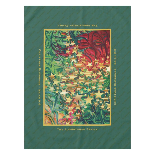 CHRISTMAS STARS Red Green Gold Personalised Tablecloth (Front)