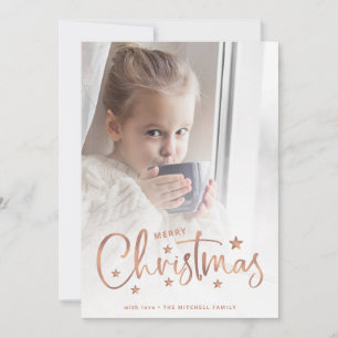 Christmas Stars   Rose Gold Script and Photo Holiday Card
