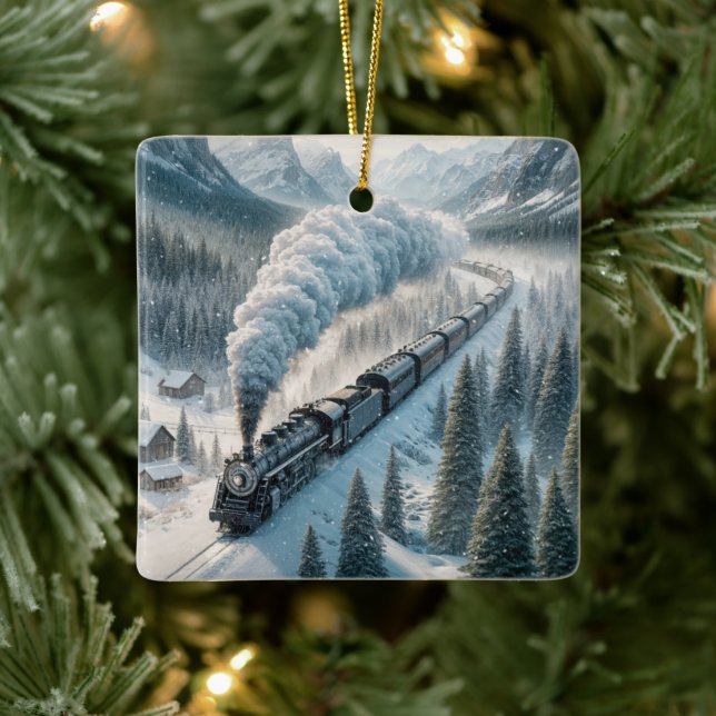 Christmas Steam Locomotive In a Mountain Valley Ceramic Ornament (Tree)