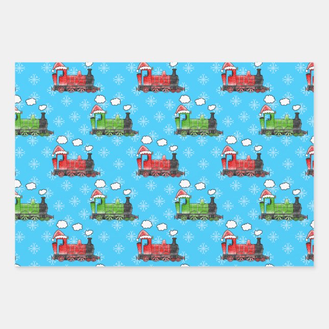 Christmas Steam Train Pattern Wrapping Paper Sheet (Front)