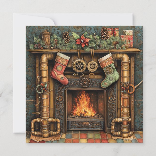 Christmas Steampunk Fireplace Greeting Card (Front)