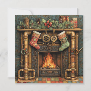 Christmas Steampunk Fireplace Greeting Card