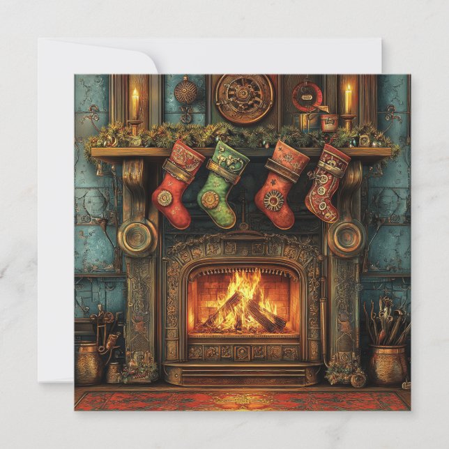 Christmas Steampunk Fireplace Greeting Card (Front)