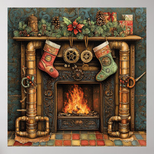 Christmas Steampunk Fireplace Poster