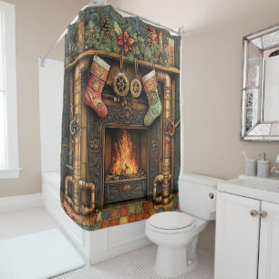 Christmas Steampunk Fireplace Shower Curtain