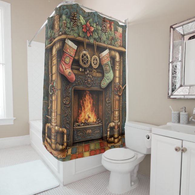 Christmas Steampunk Fireplace Shower Curtain (In Situ)