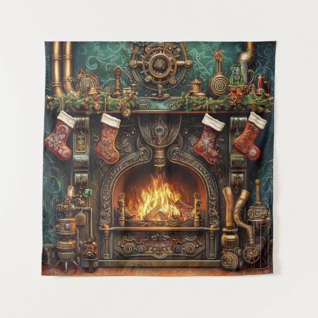 Christmas Steampunk Fireplace Tapestry (Front)