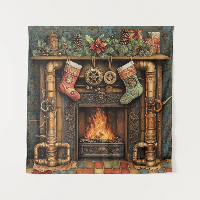 Christmas Steampunk Fireplace Tapestry (Front)
