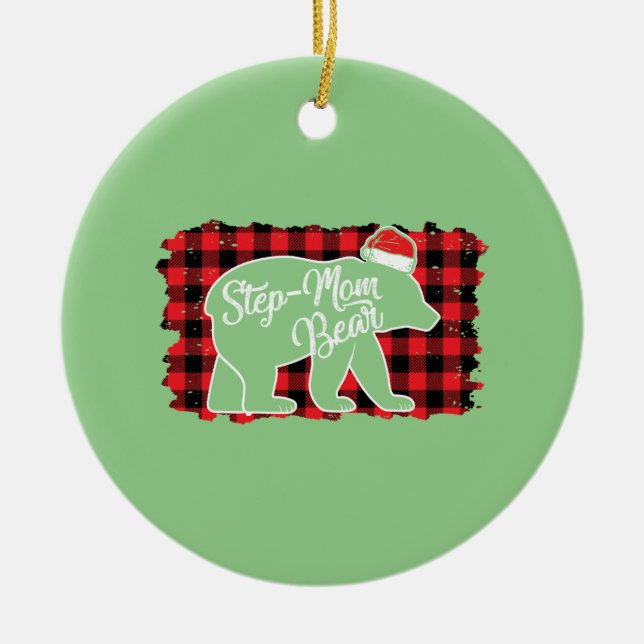 Christmas Step Mum Bear Christmas Red Plaid Buffal Ceramic Tree Decoration (Front)