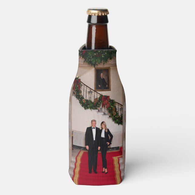 Christmas steps President Donald Trump & Melania Bottle Cooler (Bottle Front)