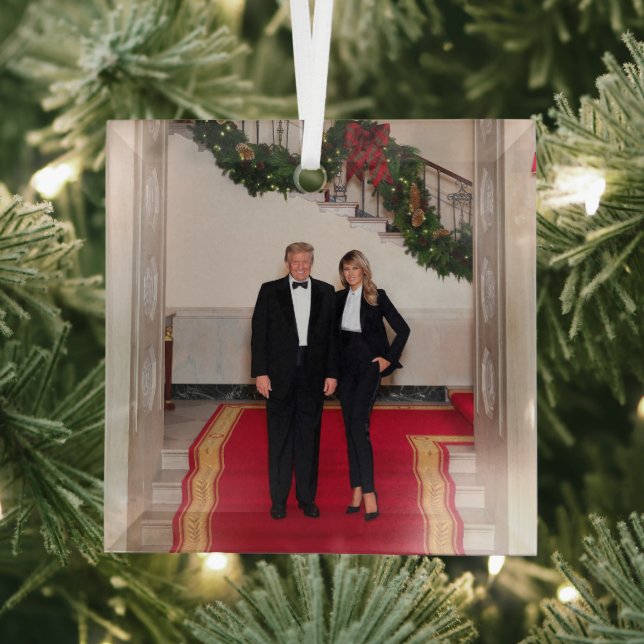 Christmas steps President Donald Trump & Melania Glass Tree Decoration (Insitu)