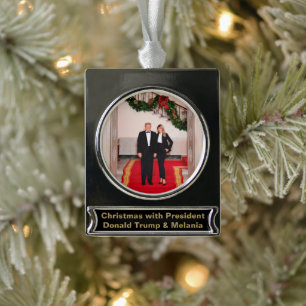 Christmas steps President Donald Trump & Melania Silver Plated Banner Ornament