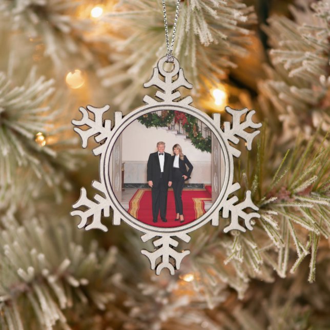 Christmas steps President Donald Trump & Melania Snowflake Pewter Christmas Ornament (Tree)