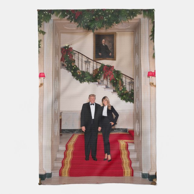 Christmas steps President Donald Trump & Melania Tea Towel (Vertical)