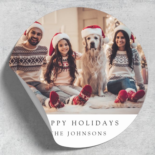 Christmas Sticker | Family Photo Minimal Holiday (Modern round Christmas sticker with your custom photo and greeting for festive gifting)
