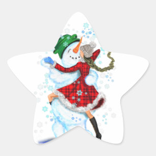 Christmas Sticker Happy Snowman and Girl Dance