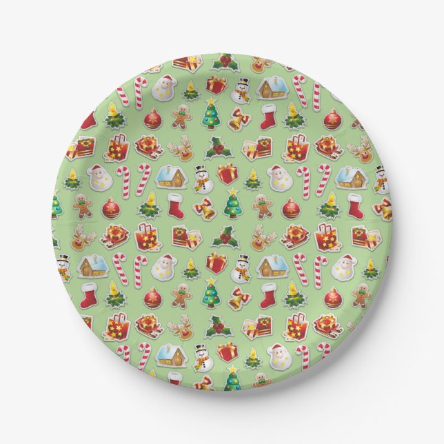 Christmas Stickers Festive Pattern Paper Plate (Front)