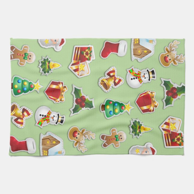 Christmas Stickers Festive Pattern Tea Towel (Horizontal)