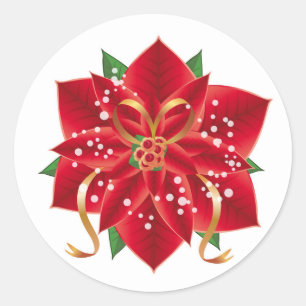 Christmas Stickers-Red Poinsettia Classic Round Sticker
