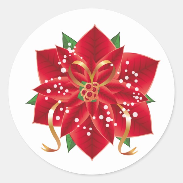 Christmas Stickers-Red Poinsettia Classic Round Sticker (Front)