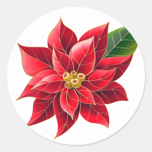 Christmas Stickers-Red Poinsettia Classic Round Sticker (Front)