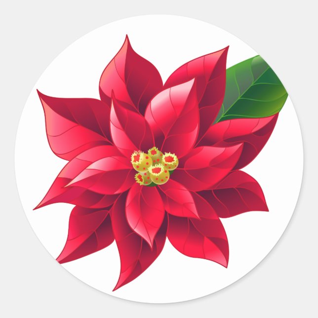 Christmas Stickers-Red Poinsettia Classic Round Sticker (Front)