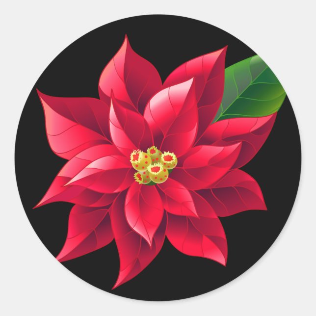 Christmas Stickers-Red Poinsettia Classic Round Sticker (Front)