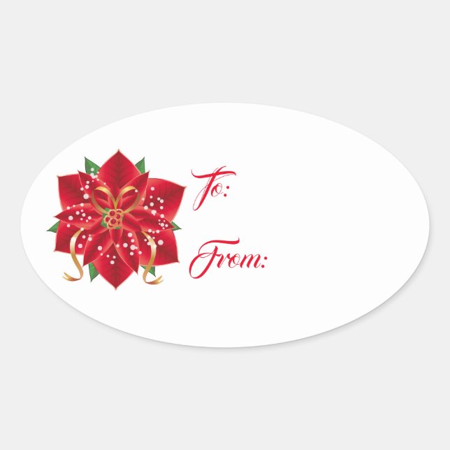 Christmas Stickers-Red Poinsettia Oval Sticker (Front)