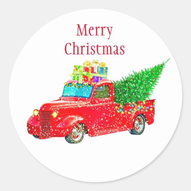 Christmas Stickers-Red Truck Classic Round Sticker (Front)