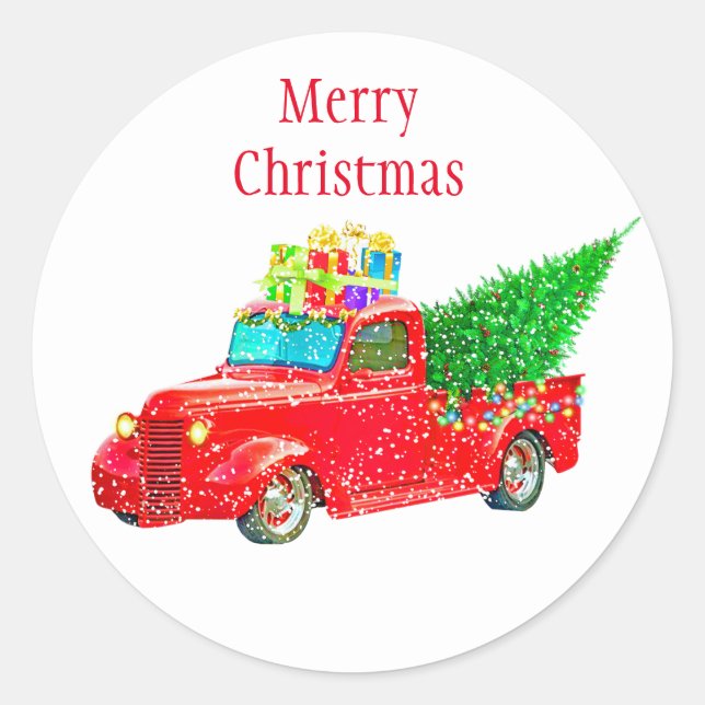 Christmas Stickers-Red Truck Classic Round Sticker (Front)