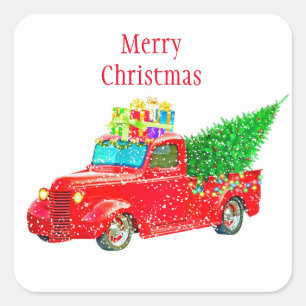 Christmas Stickers-Red Truck Square Sticker