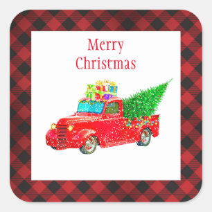 Christmas Stickers-Red Truck Square Sticker