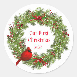 Christmas Stickers-Wreath  Classic Round Sticker
