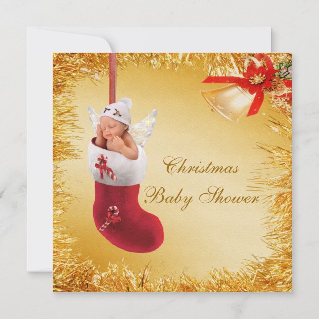 Christmas Stocking Baby & Tinsel Baby Shower Invitation (Front)