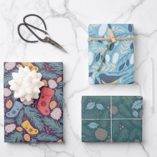 Christmas Stocking Bird Pinecone Holiday Wrapping Paper Sheet