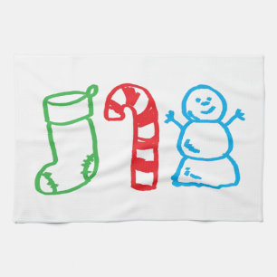 Christmas Stocking Candy Cane and Snowman Tea Towel