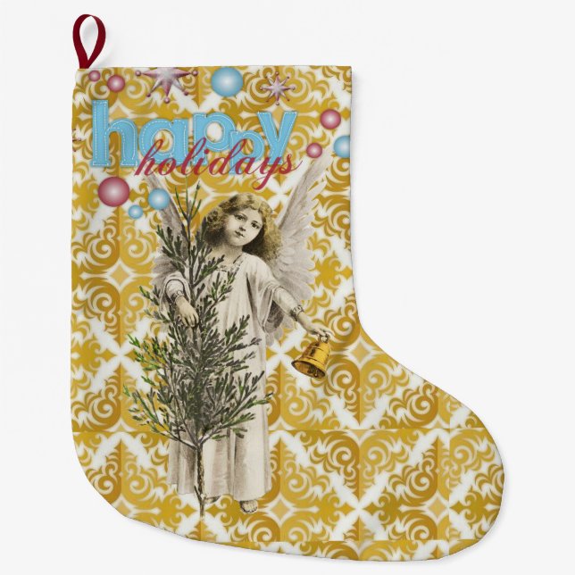Christmas Stocking, Christmas Angel Happy Holidays Large Christmas Stocking (Front)