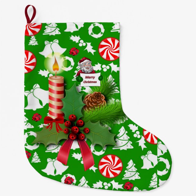 Christmas Stocking, Christmas Candle Large Christmas Stocking (Front)