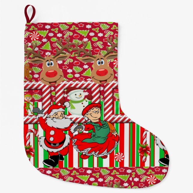 Christmas Stocking, Christmas Elf Santa Snowman Large Christmas Stocking (Front)