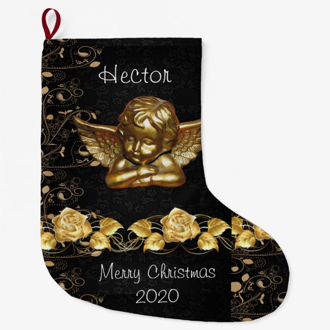 Christmas Stocking, Christmas Gold Angel Large Christmas Stocking (Front)