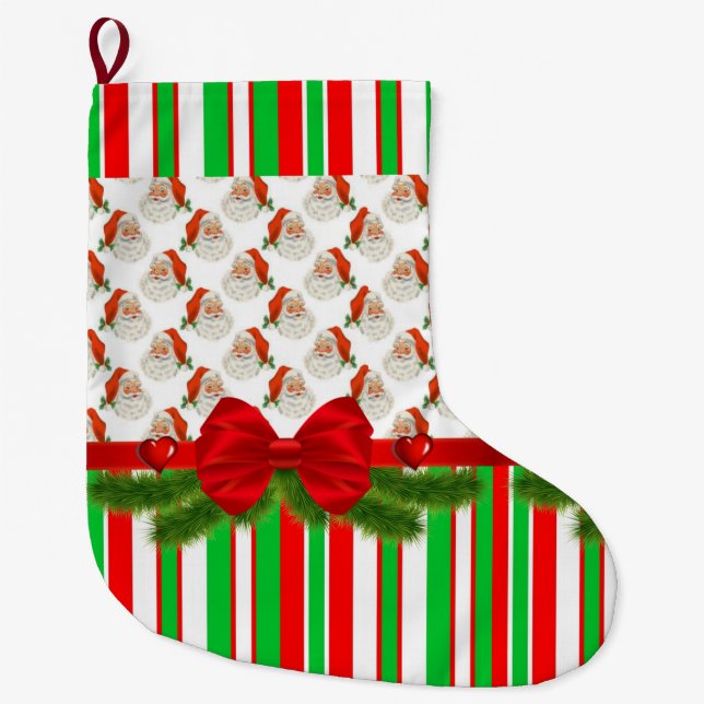 Christmas Stocking, Christmas Santa Stripe Large Christmas Stocking (Front)