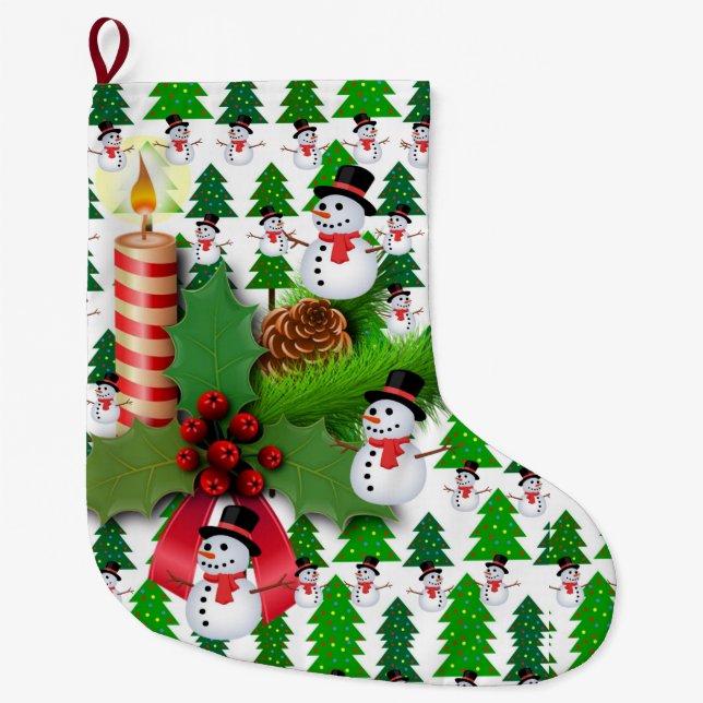 Christmas Stocking, Christmas Snowman Large Christmas Stocking (Front)