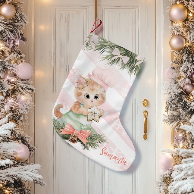 Christmas Stocking  Cookies Cat  (cute cat children’s Christmas stocking featuring an adorable kitten design in a festive holiday styl)