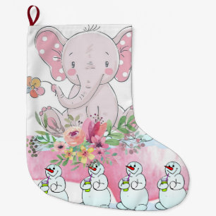 Christmas Stocking, Floral Elephant Pink Snowman Large Christmas Stocking
