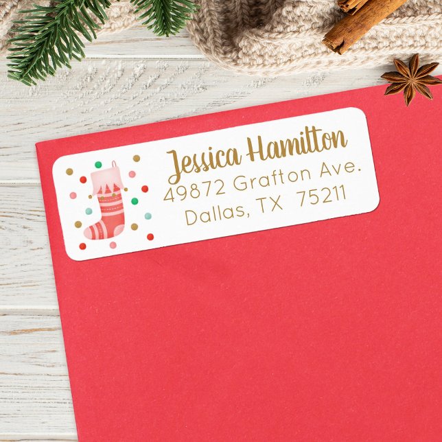 Christmas Stocking Gold Pink Cute Address Label (A festive holiday return address label decorated with a cute Christmas stocking)
